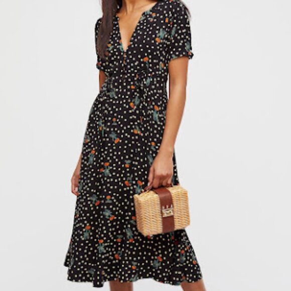 FREE PEOPLE | Dream Girl Midi Puff Sleeve Polka Dot Print Corset Lace-Up Dress 8 - Picture 1 of 15